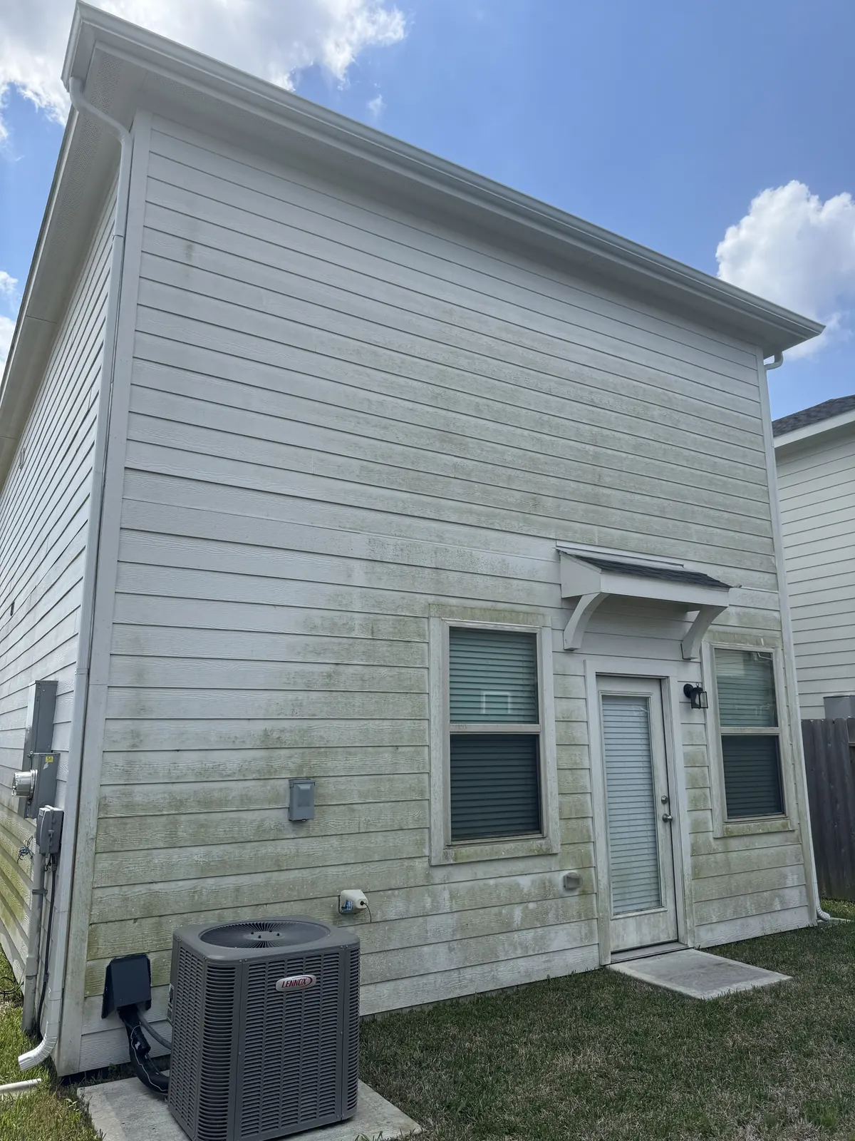 Algae-streaked siding before soft washing